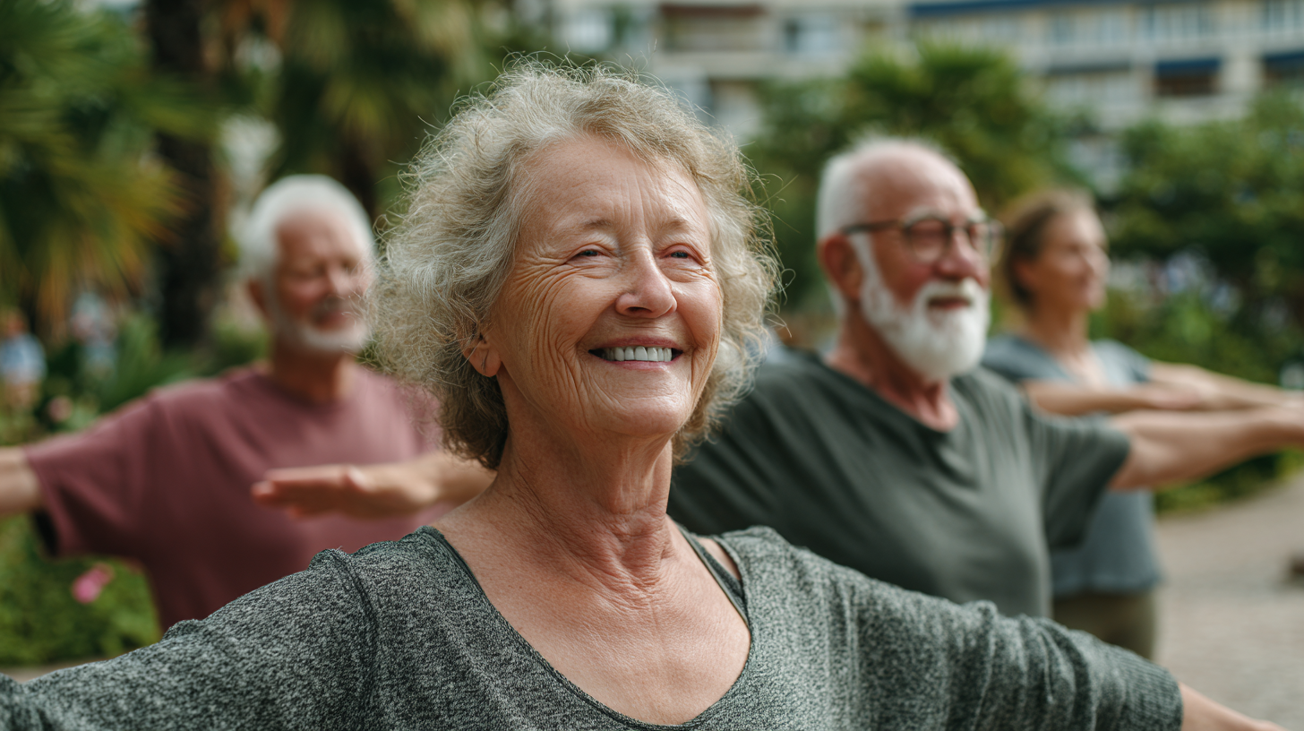 Senior făcând exerciții de stretching într-un parc
